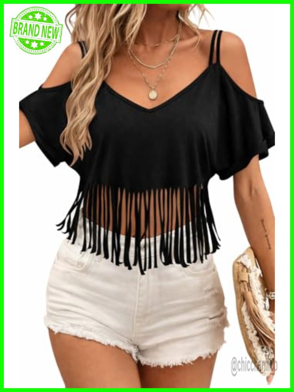 LilyCoco V Neck Cold Shoulder Crop Top Tassel Fringe Western Cowgirl Tee